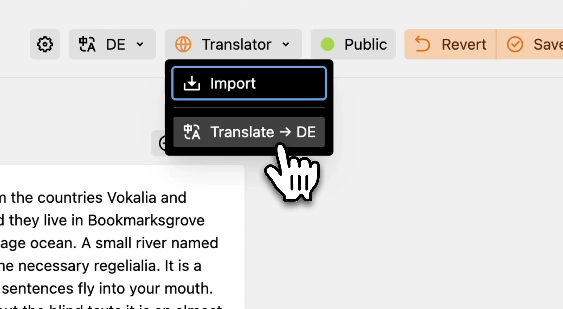 Screenshot of the translation menu in the Kirby CMS admin panel