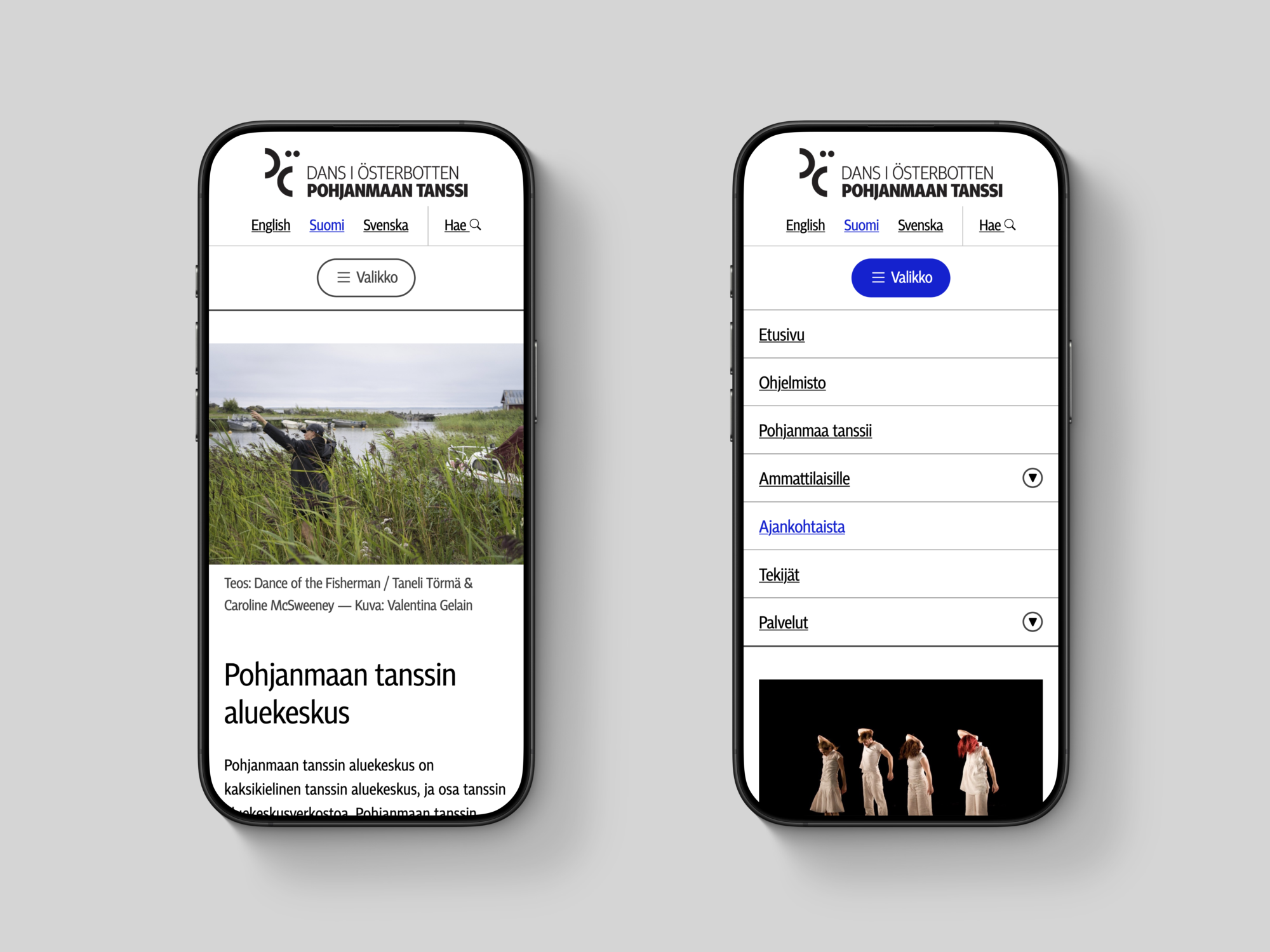 Kaksi älypuhelinta vierekkäin, joissa molemmissa on auki Pohjanmaan tanssi ry:n verkkosivusto